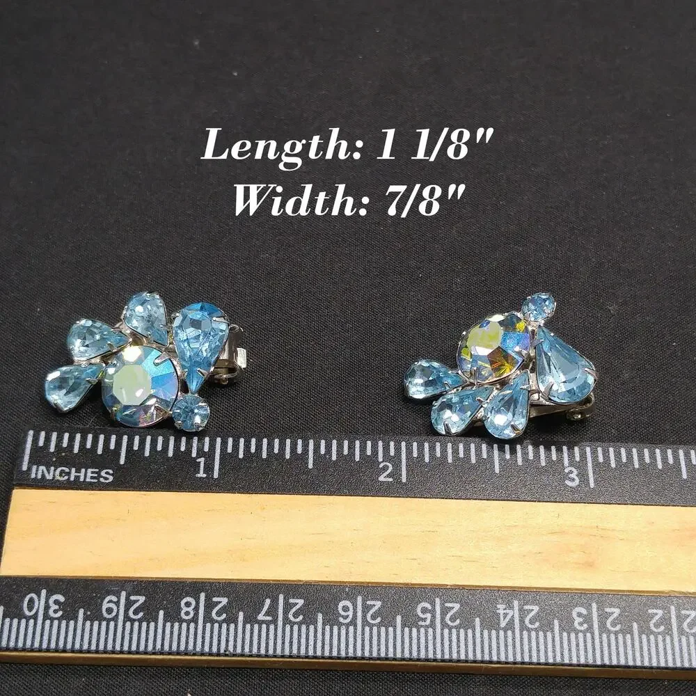 Vintage Weiss Blue AB Rhinestone Clip Earrings Rhodium Plated